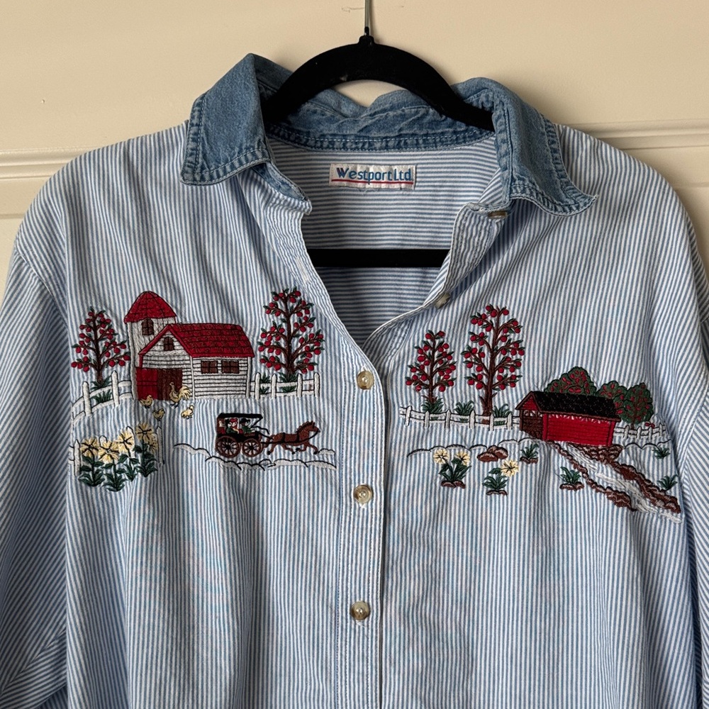 Westport Ltd Blue Striped Button Down Shirt with Embroidered Farm Scene